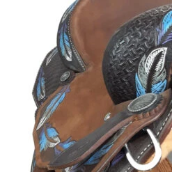 Alamo Saddlery Feather Barrel Saddle -Classic Equine Shop feather barrel brown blue detail FEATHER alamo 36570.1650659582